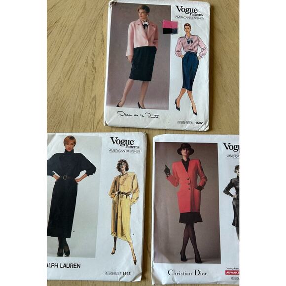 3 VTG Vogue 80s Sew Patterns Ralph Lauren 1643, Oscar D La Renta 1592, Dior 1948 - Picture 3 of 12